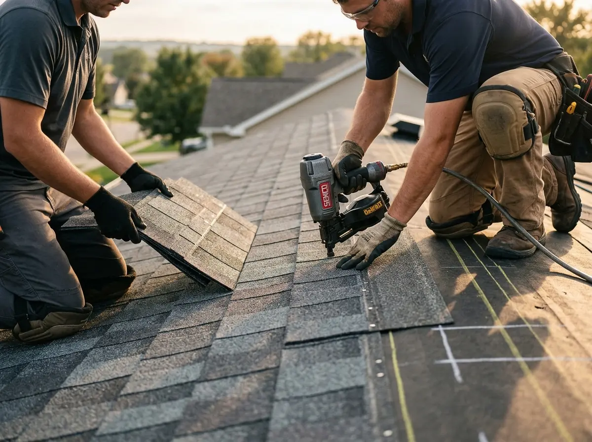 Professional roofer working on a residential roof in Talladega